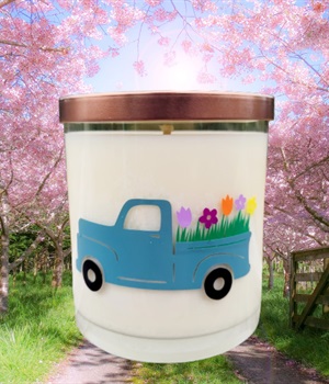 Spring blue truck with flowers